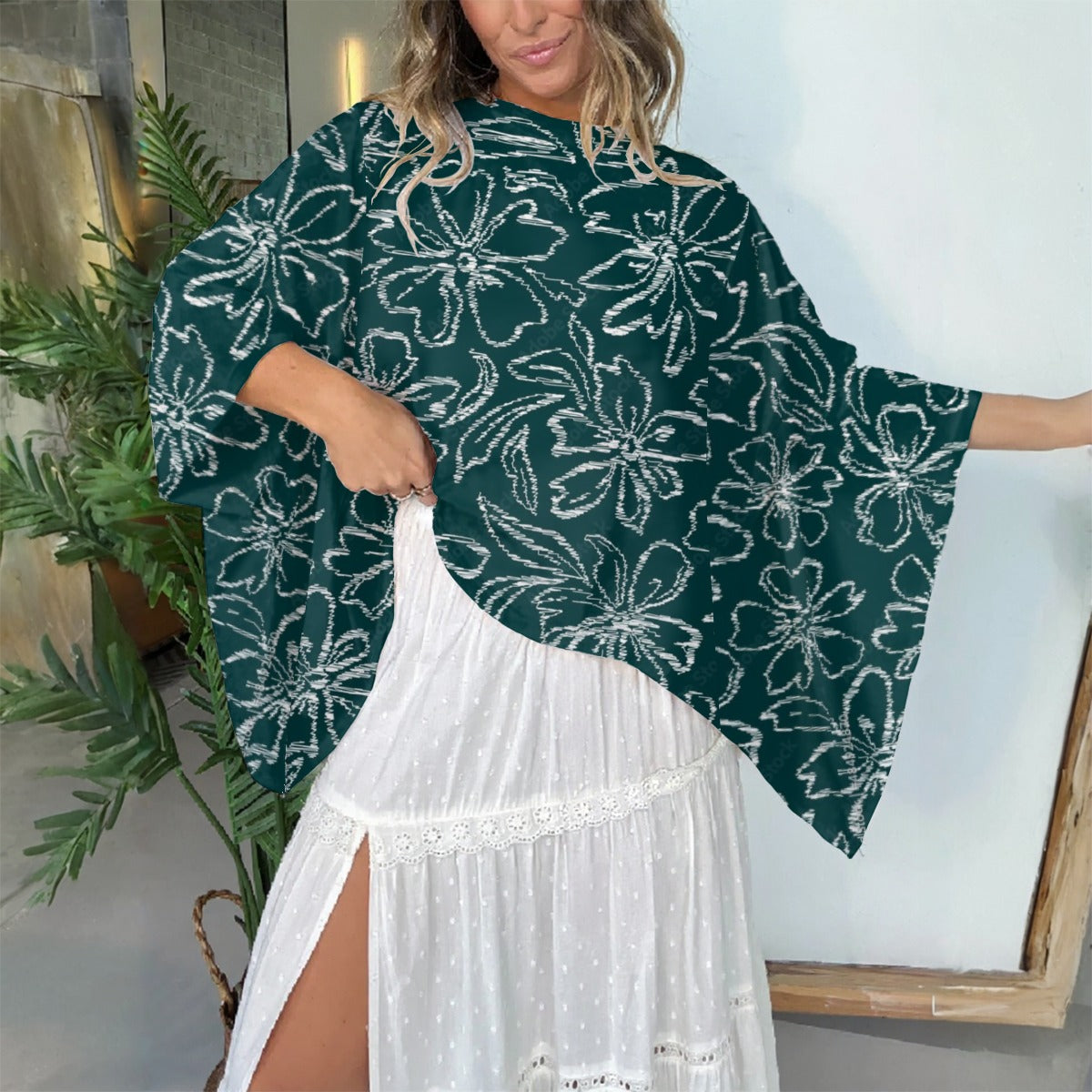 All-Over Print Boho Patchwork Kimono Sleeve Top