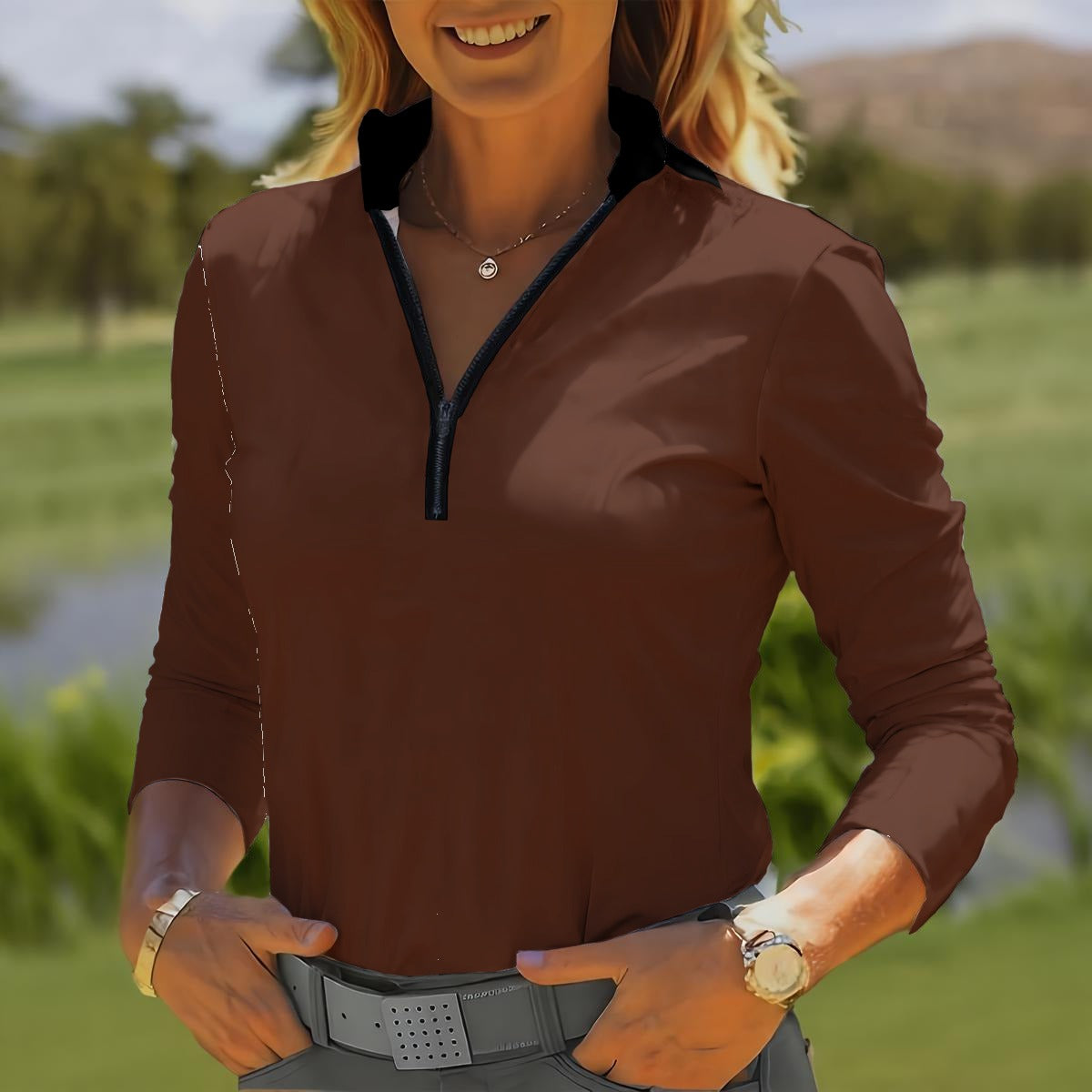 All-Over Print Women's Quarter Zip Sport Shirt With  Long Sleeve
